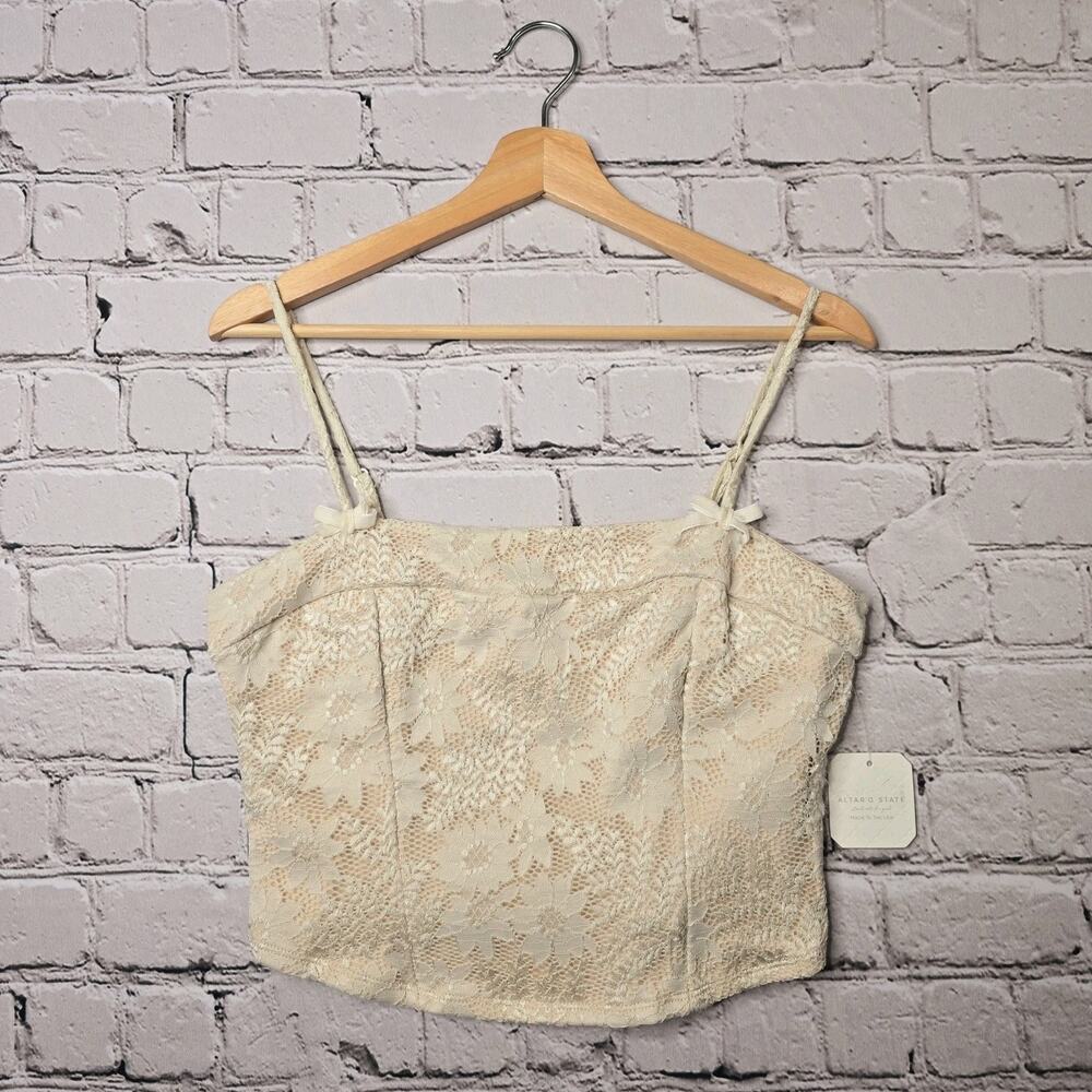 Altar'd State Beige Cream Lace Bow Detail Coquette Bustier Crop Top New Size XL